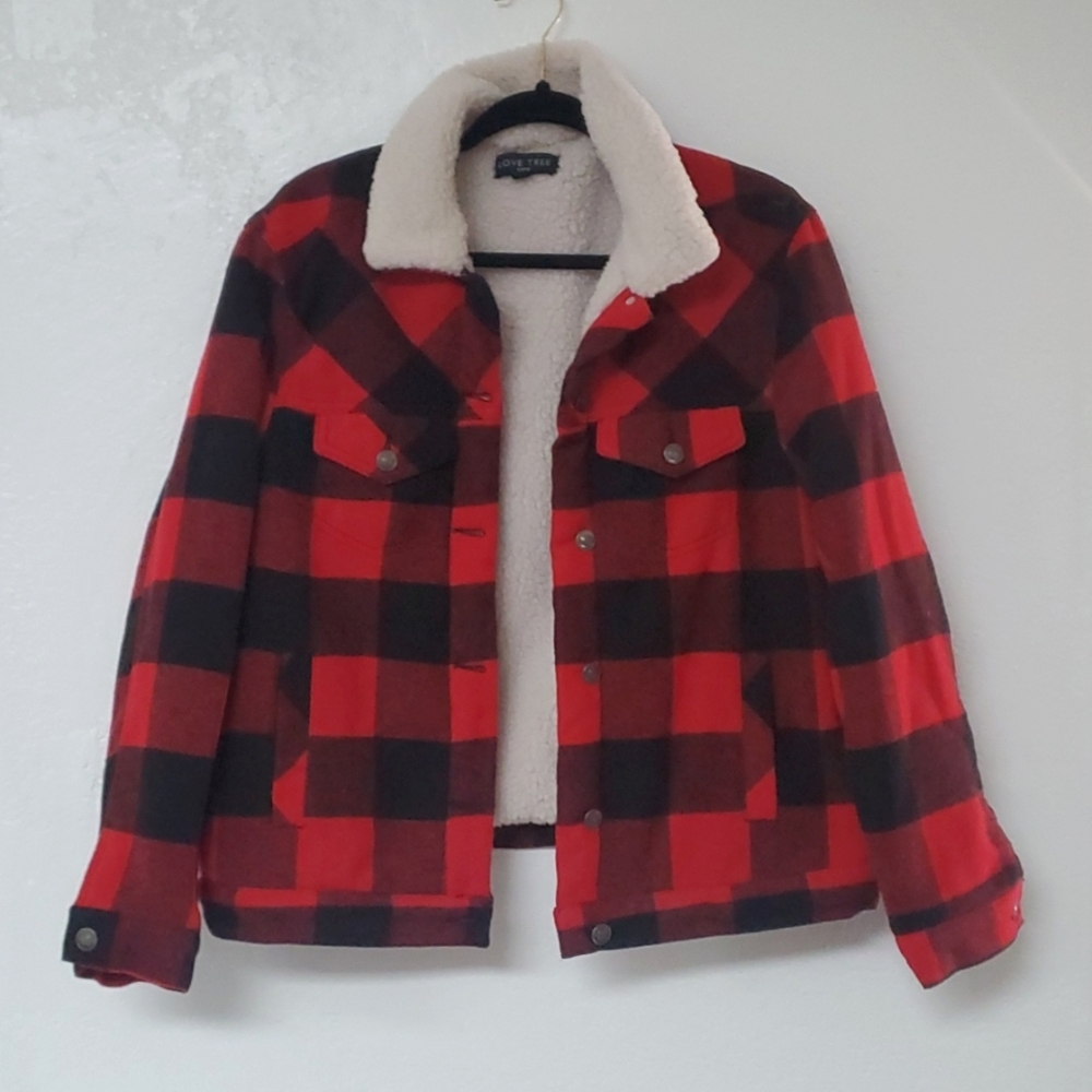 Love Tree Plaid Flannel Sherpa Tucker Jacket